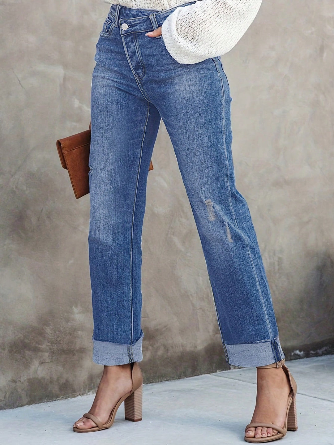 Elegant Cuffed Crisscross Wide Leg Jeans