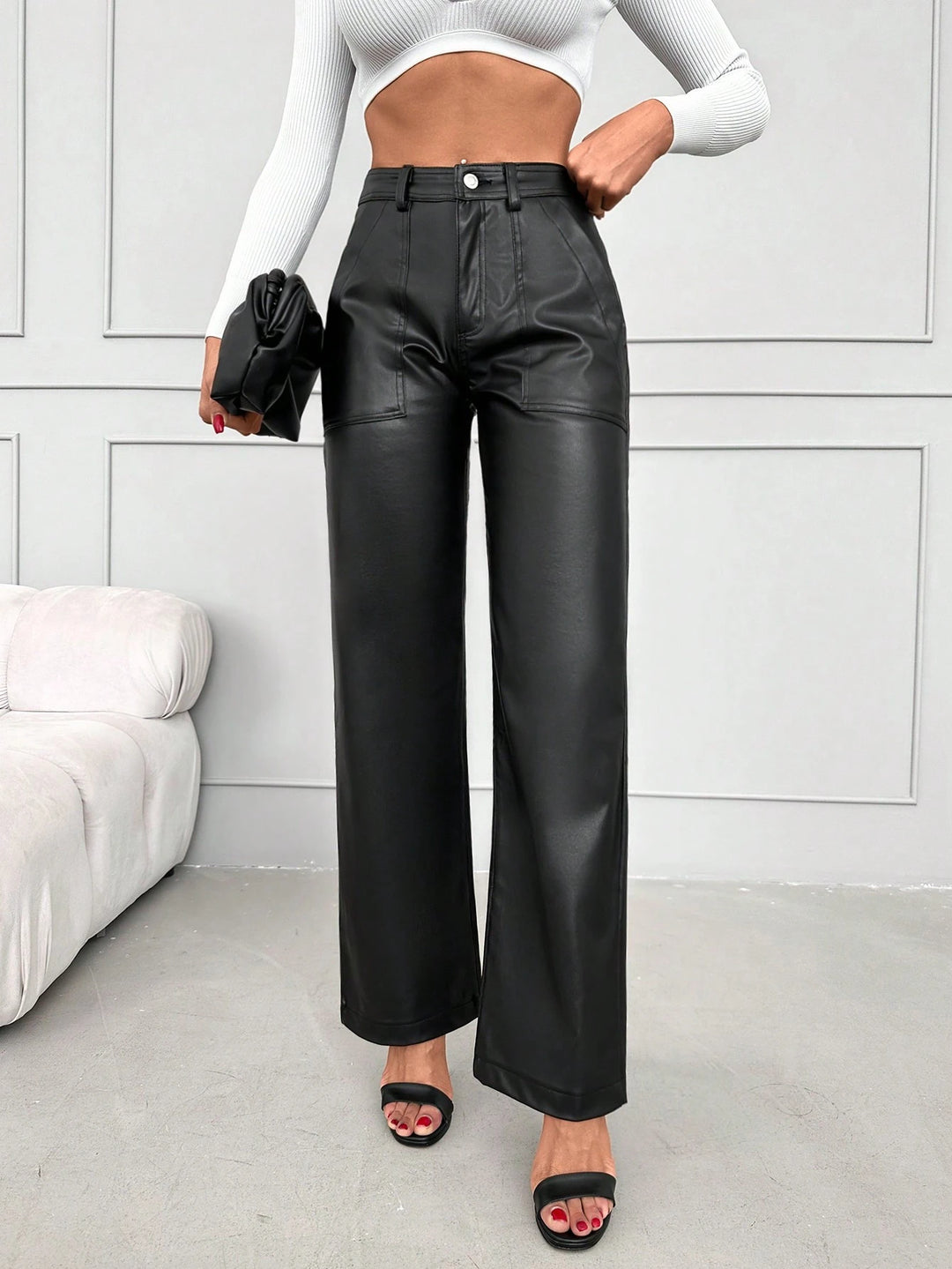 Elegant Faux Leather Wide Leg Trousers