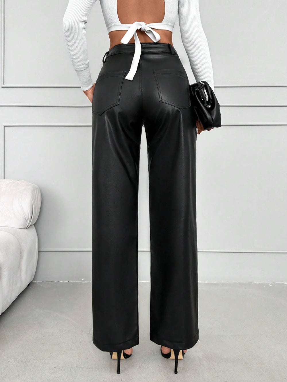Elegant Faux Leather Wide Leg Trousers
