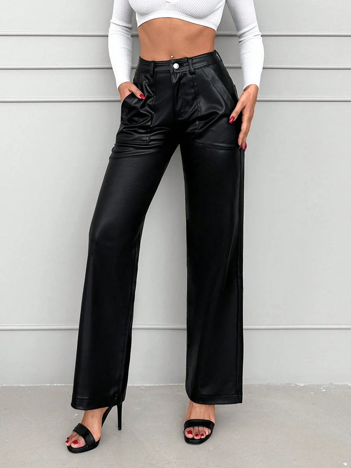 Elegant Faux Leather Wide Leg Trousers