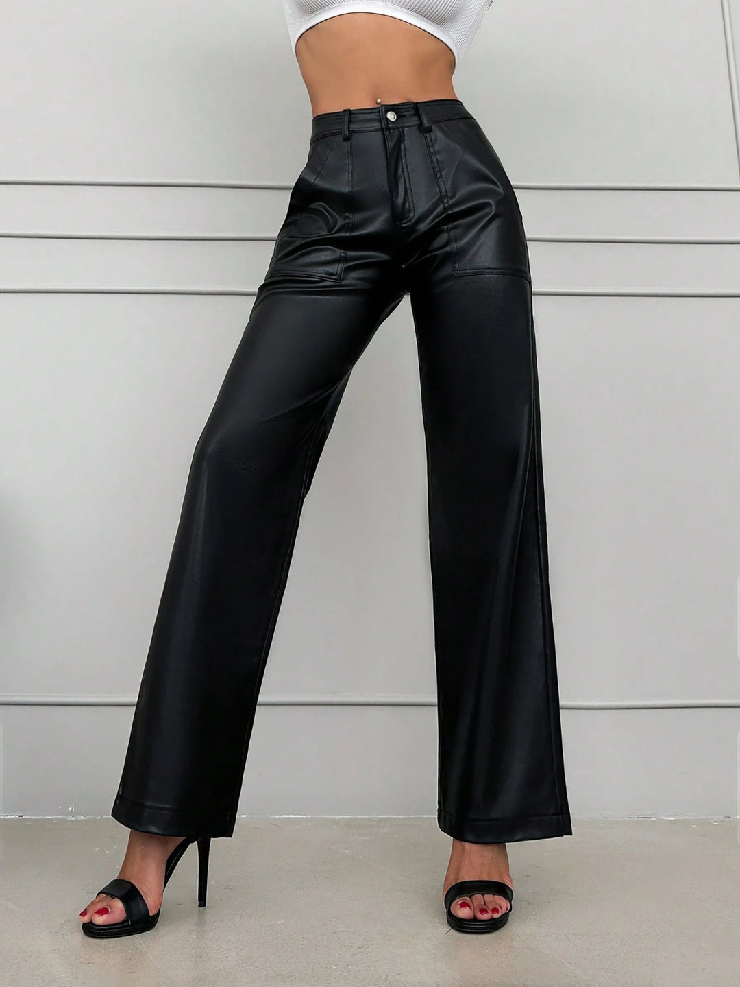 Elegant Faux Leather Wide Leg Trousers