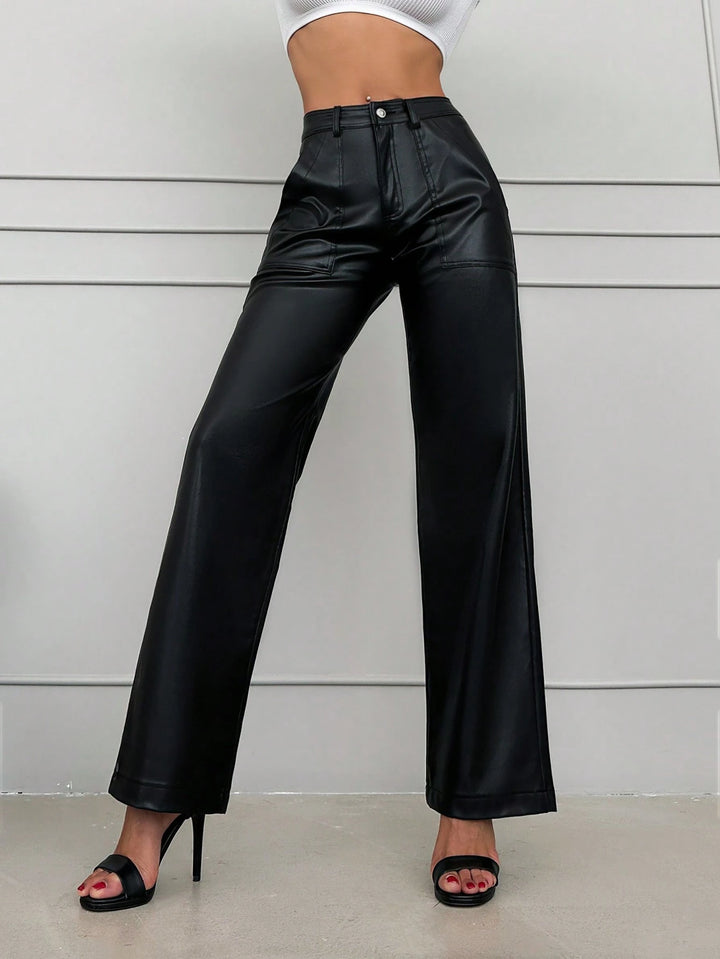 Elegant Faux Leather Wide Leg Trousers