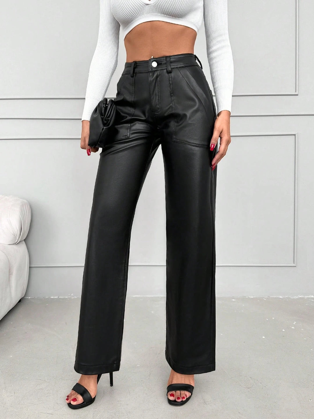 Elegant Faux Leather Wide Leg Trousers