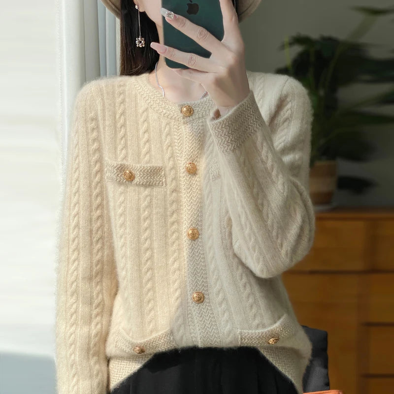 Elegant Merino Wool Cable Knit Cardigan