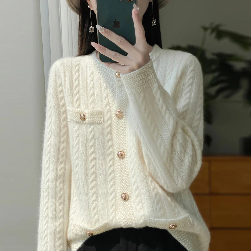 Elegant Merino Wool Cable Knit Cardigan