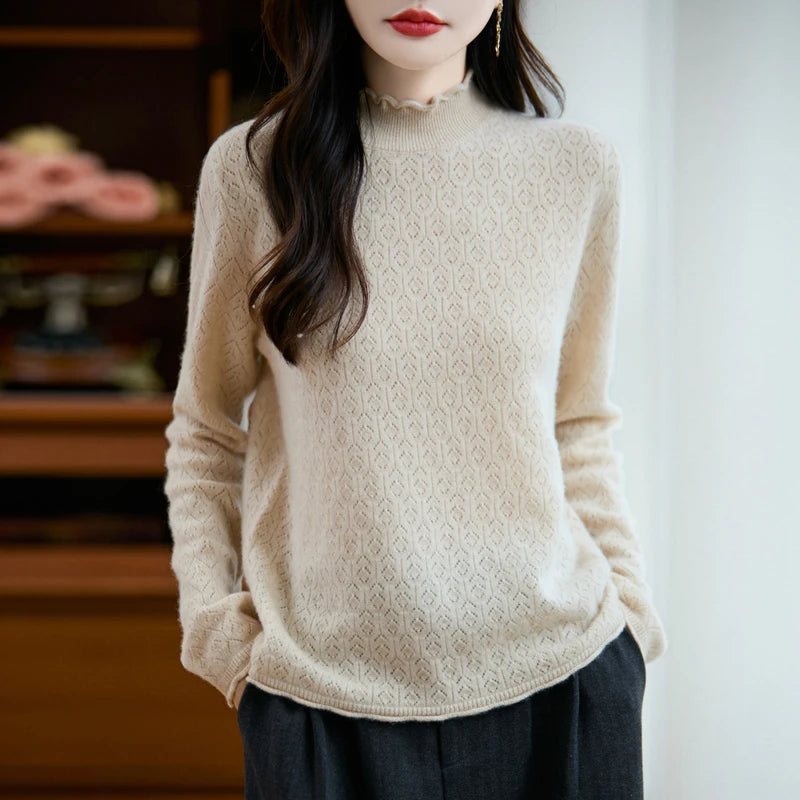 Elegant Merino Wool Pointelle Sweater