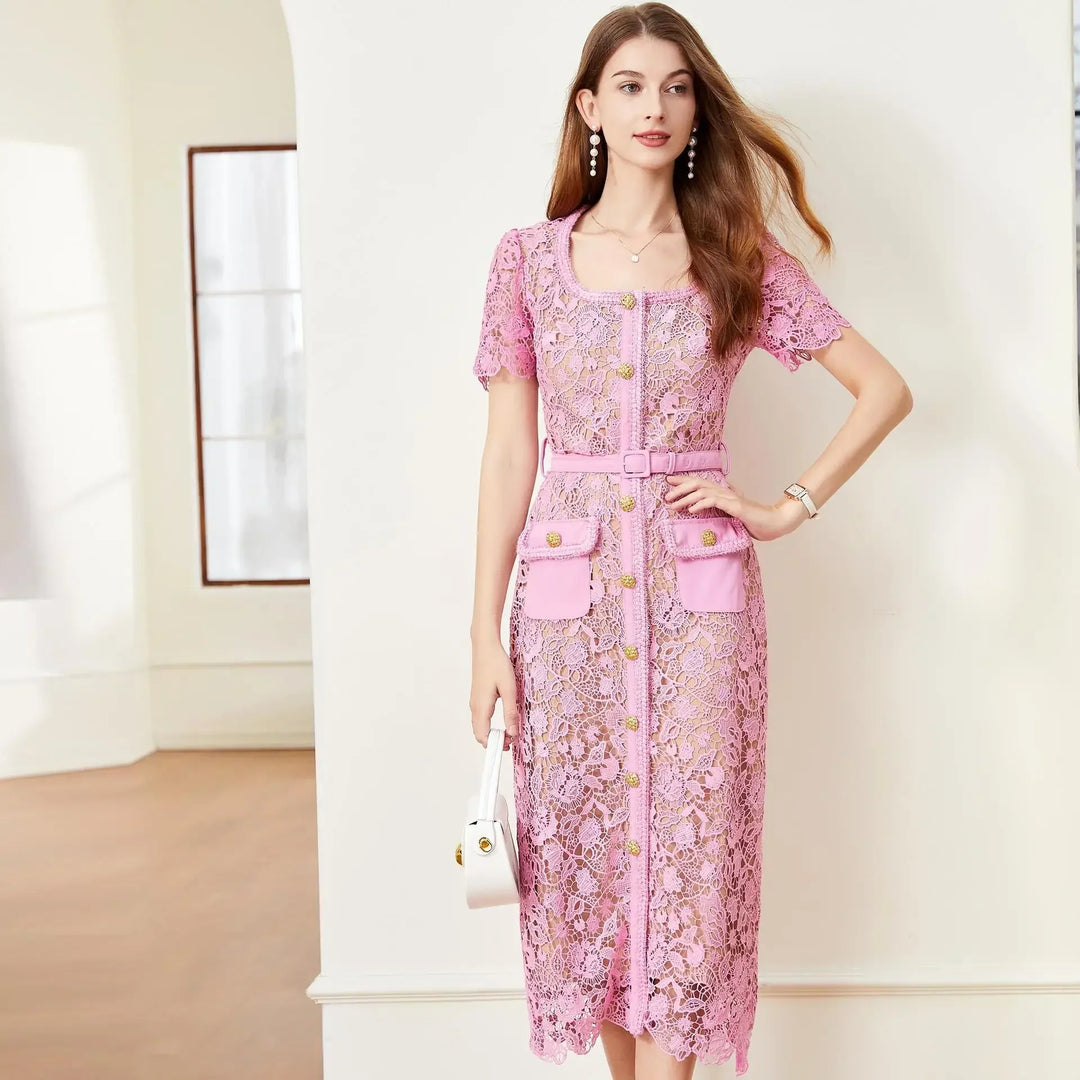 ChiClick | Tweed Trim Lace Sheath Dress