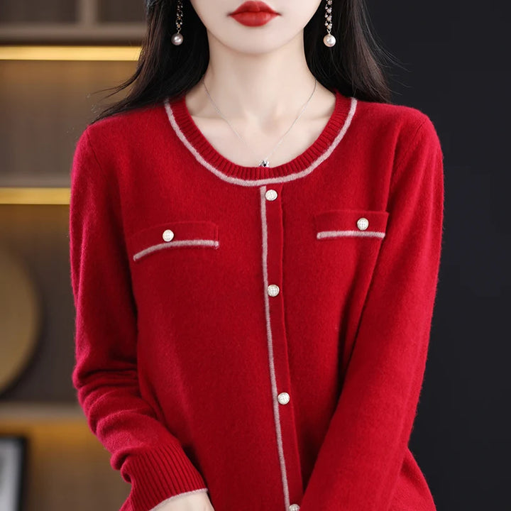 Elegant Red Wool Knit Cardigan Sweater