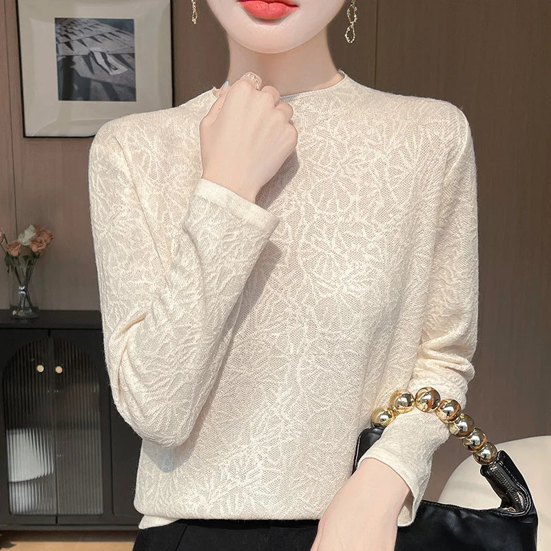 Elegant Textured Jacquard Knit Pullover Sweater