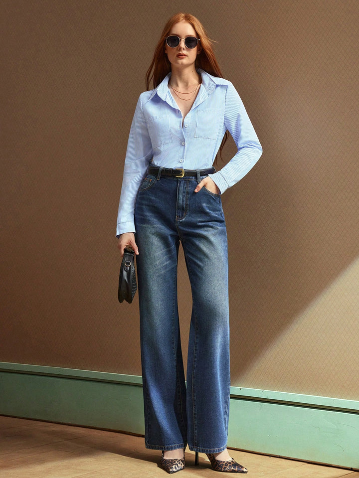 Elegant Wide Leg Chain Detail Denim Jeans