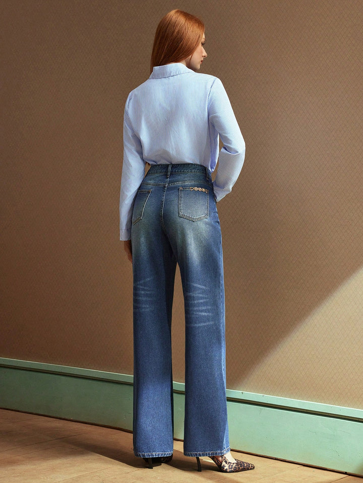 Elegant Wide Leg Chain Detail Denim Jeans