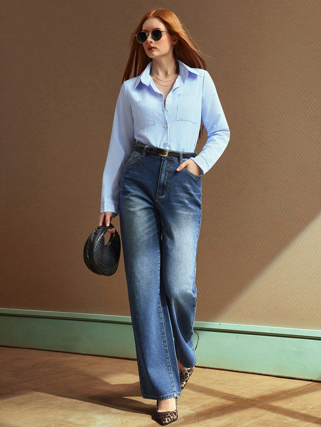 Elegant Wide Leg Chain Detail Denim Jeans