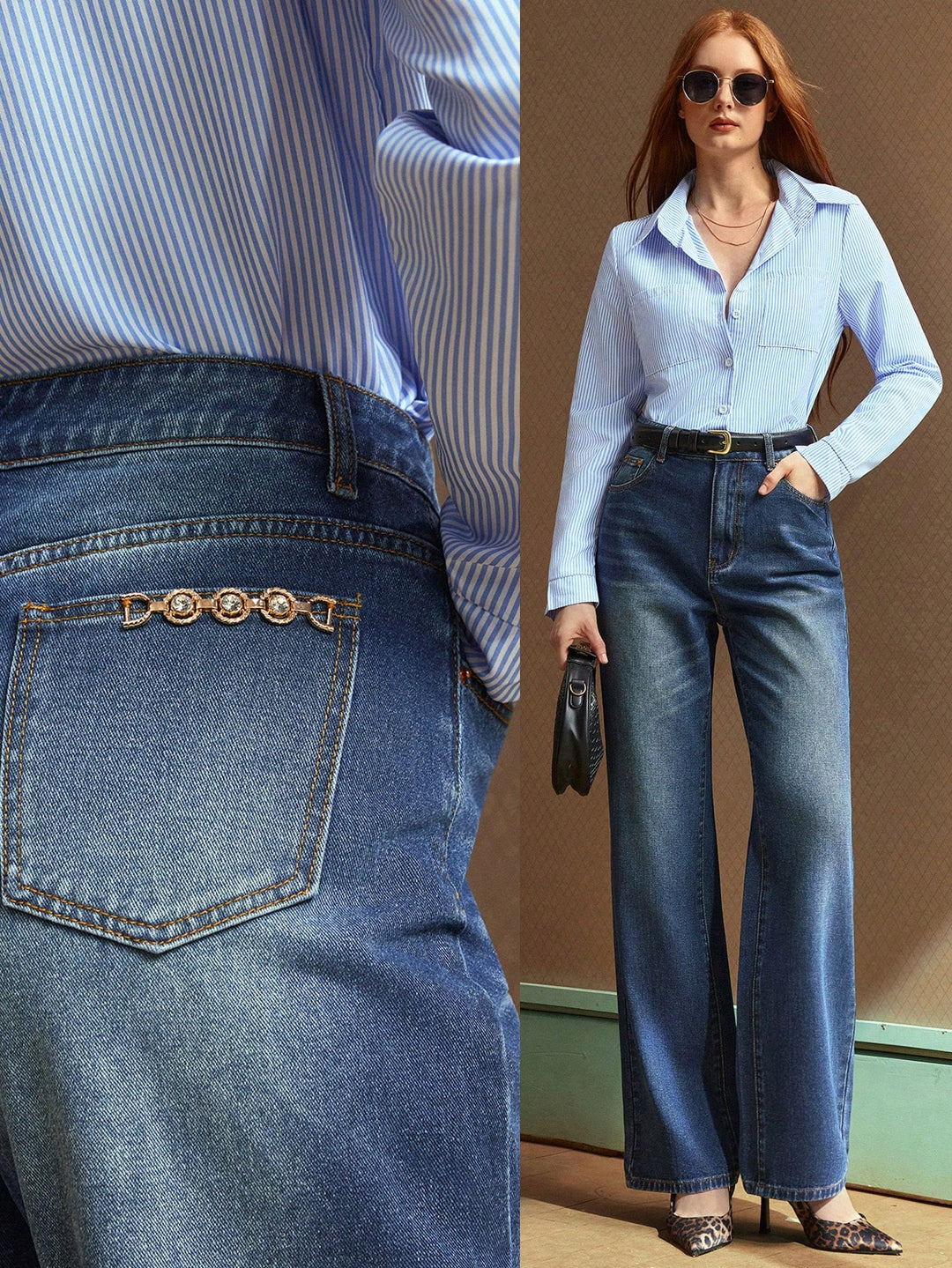 Elegant Wide Leg Chain Detail Denim Jeans