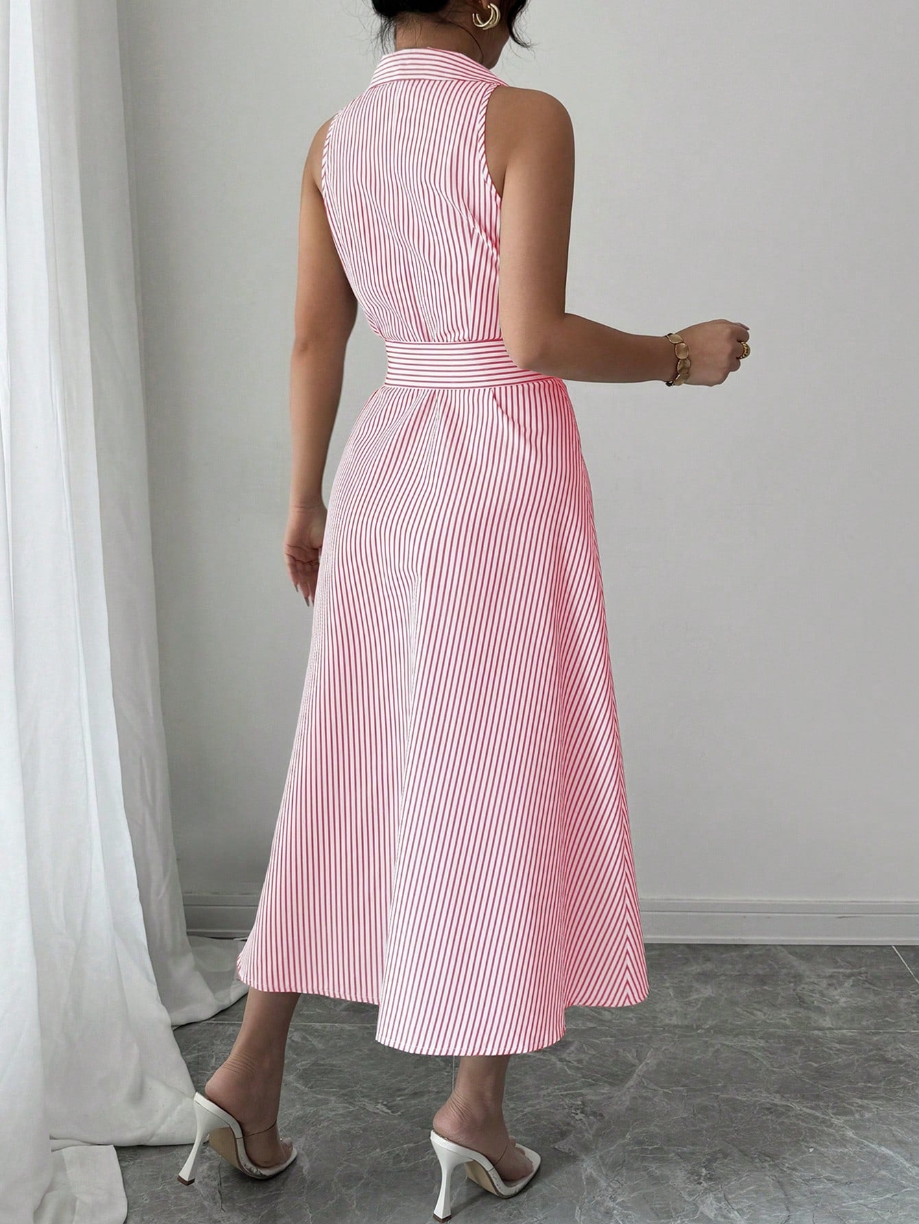 ChiClick | Striped Halter Collar Midi Dress