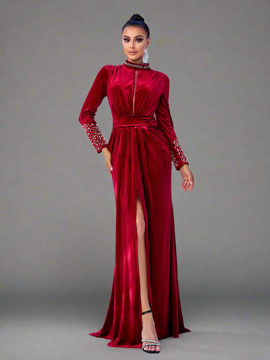 Embellished High Neck Velvet Gown