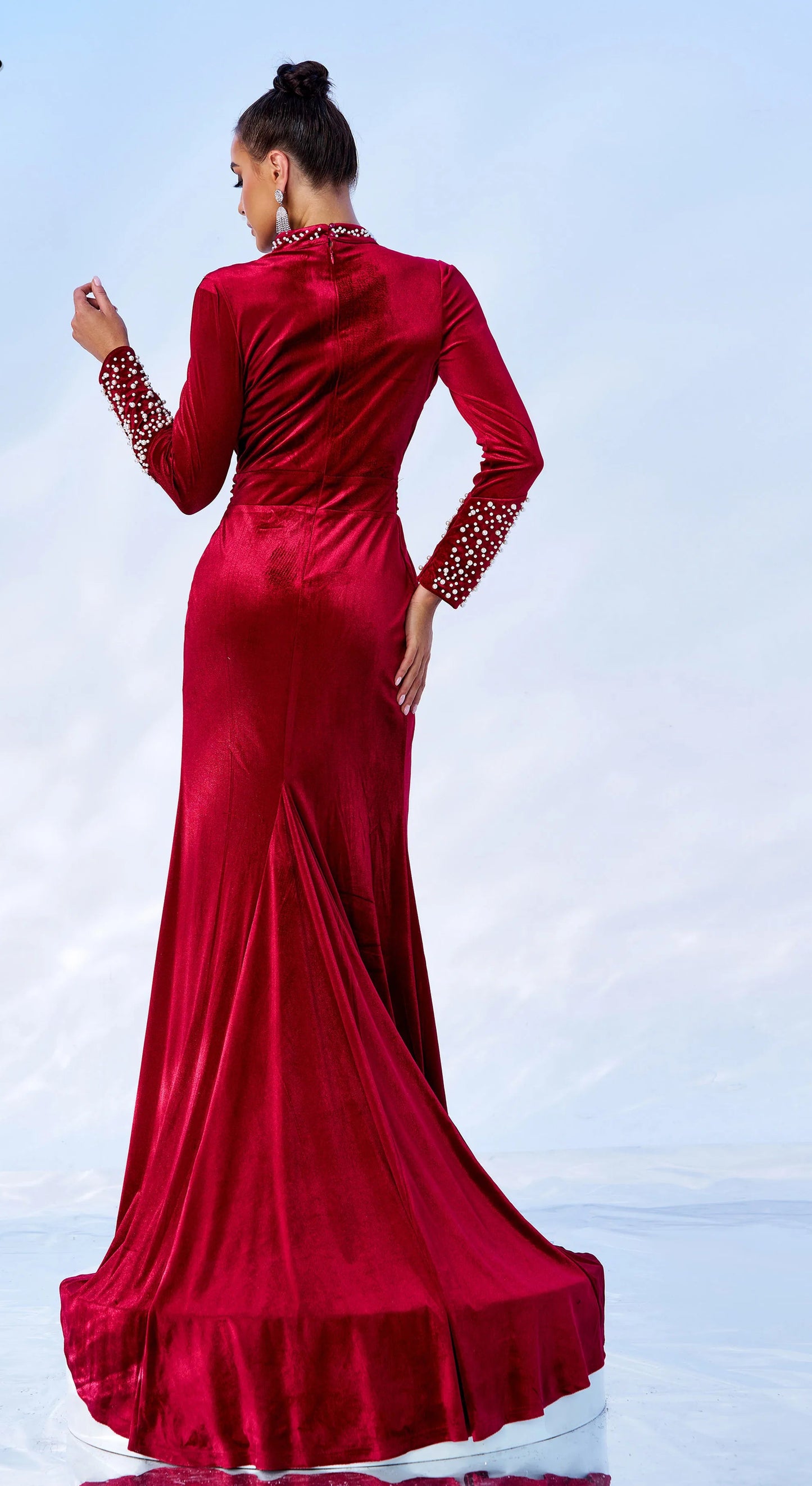 Embellished High Neck Velvet Gown