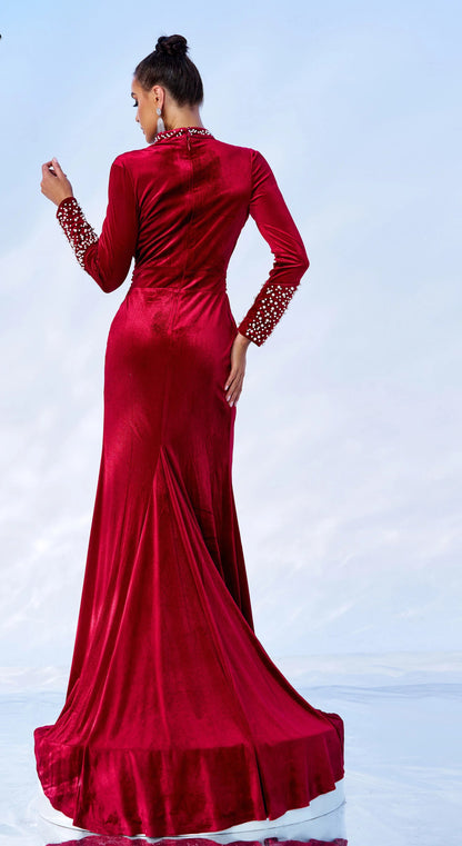 Embellished High Neck Velvet Gown