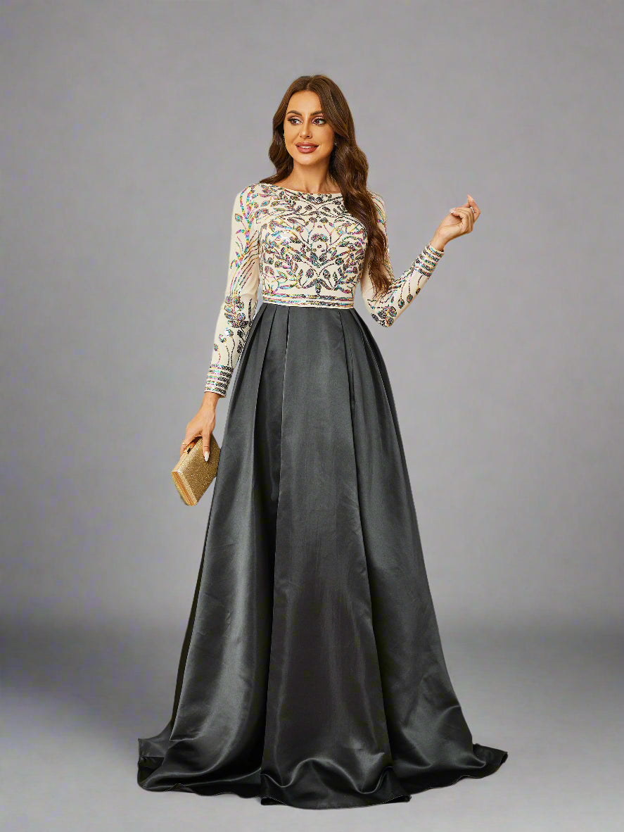 Embellished Long Sleeve A-Line Gown