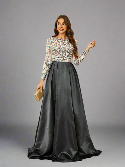 Embellished Long Sleeve A-Line Gown
