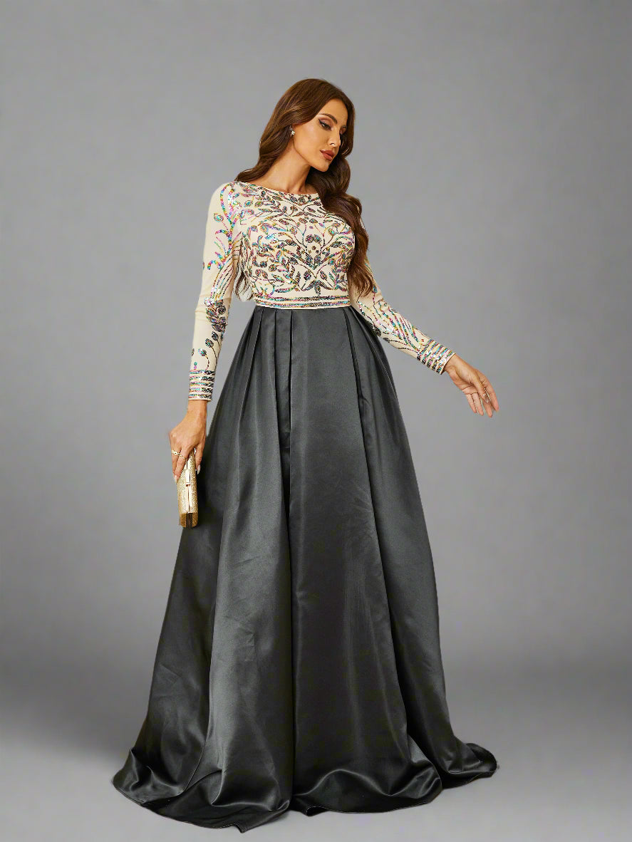 Embellished Long Sleeve A-Line Gown