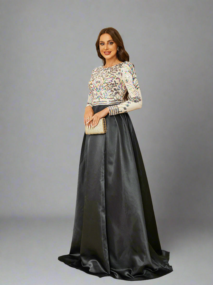 Embellished Long Sleeve A-Line Gown