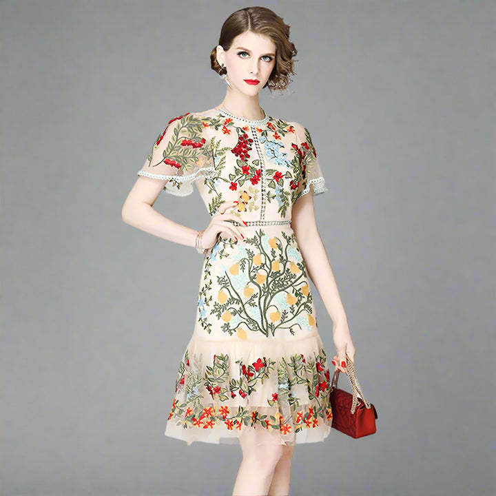 Embroidered Floral Tulle Mini Dress