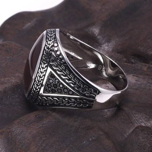  Engraved Sterling Silver Agate Ring