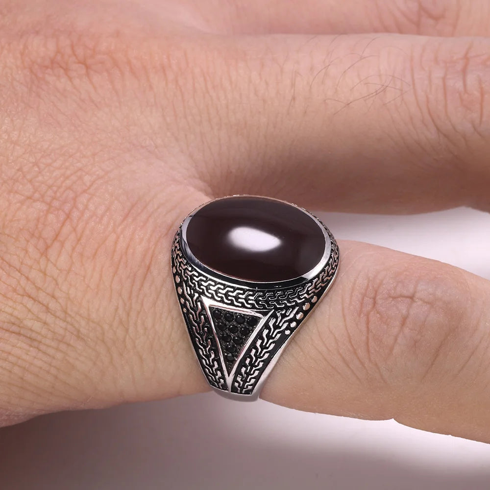  Engraved Sterling Silver Agate Ring