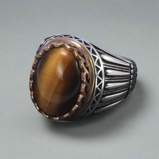 Engraved Tiger Eye Sterling Silver Ring