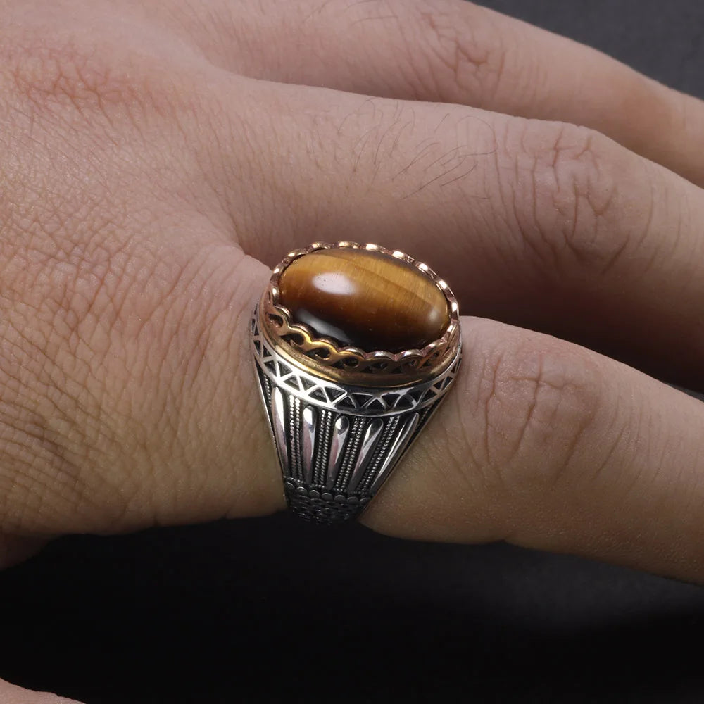 Engraved Tiger Eye Sterling Silver Ring