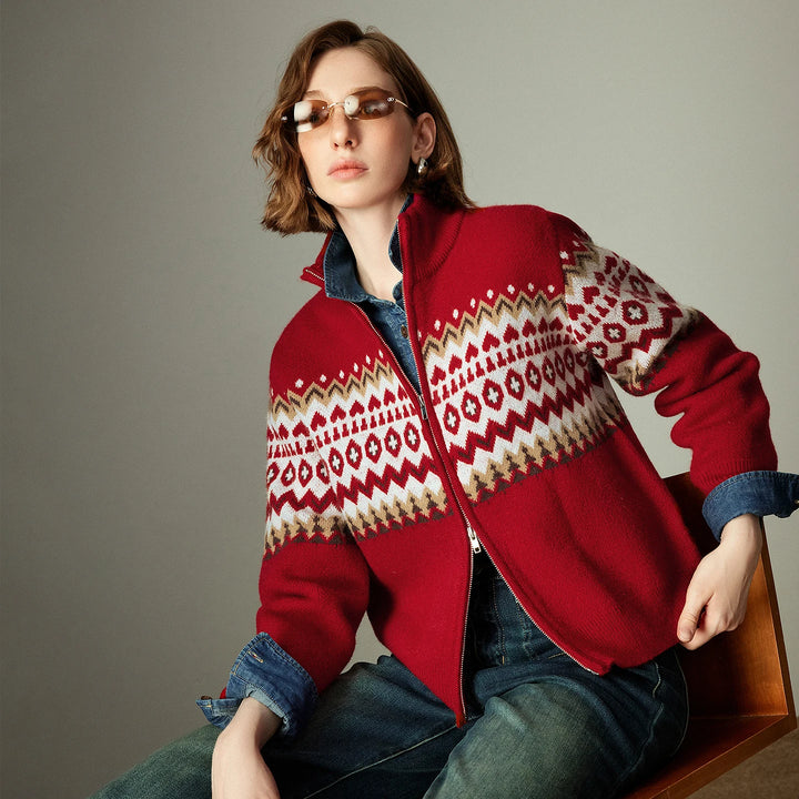 Fair Isle Zip Stand Collar Sweater