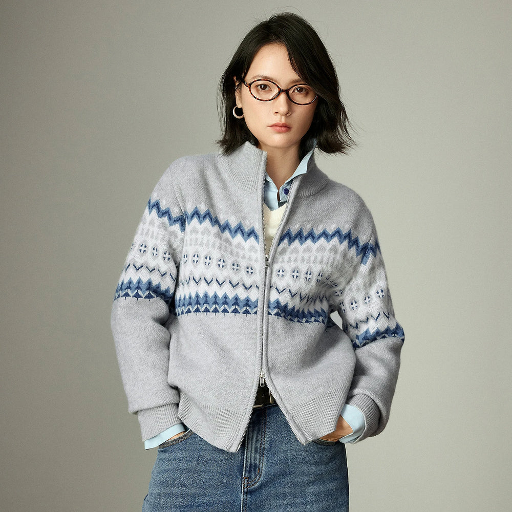 Fair Isle Zip Stand Collar Sweater