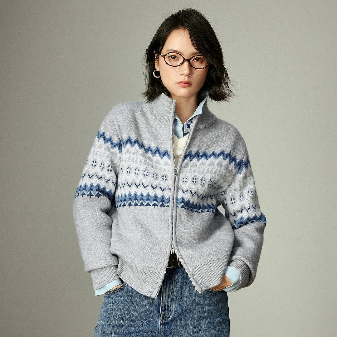Fair Isle Zip Stand Collar Sweater