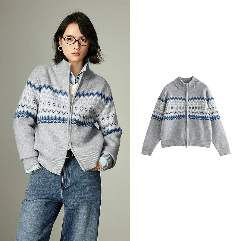 Fair Isle Zip Stand Collar Sweater