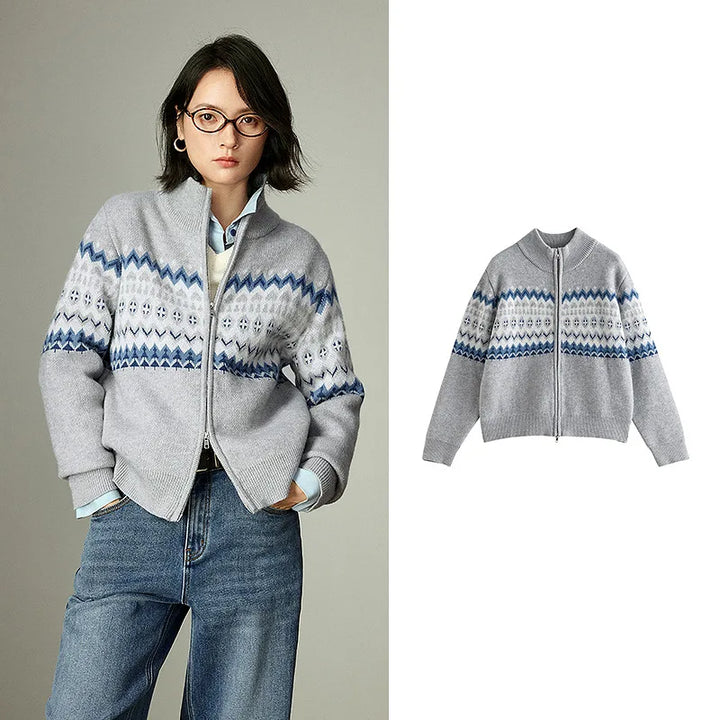 Fair Isle Zip Stand Collar Sweater