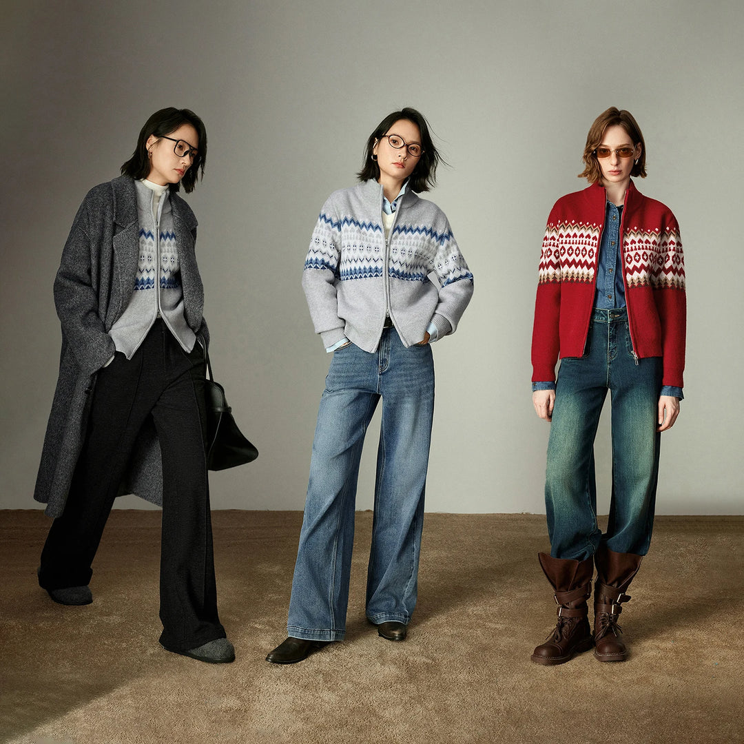 Fair Isle Zip Stand Collar Sweater
