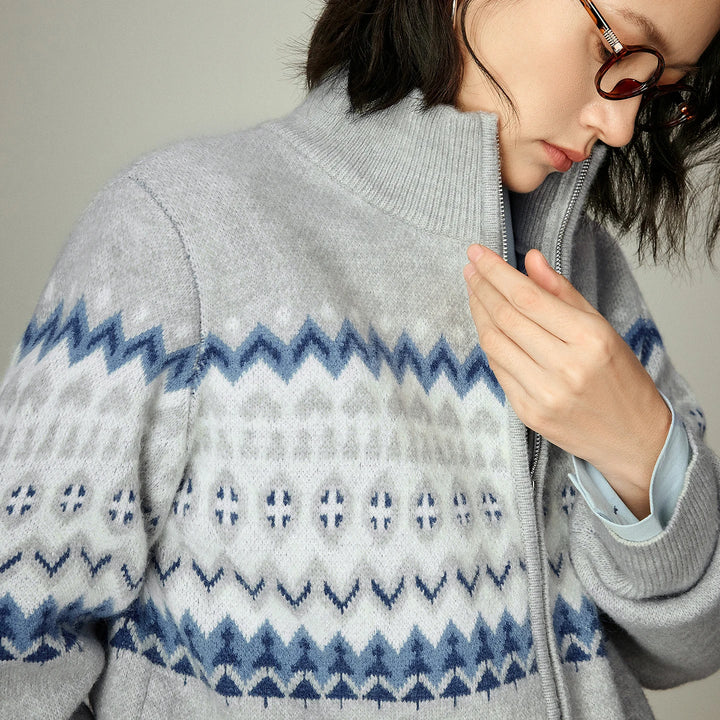 Fair Isle Zip Stand Collar Sweater