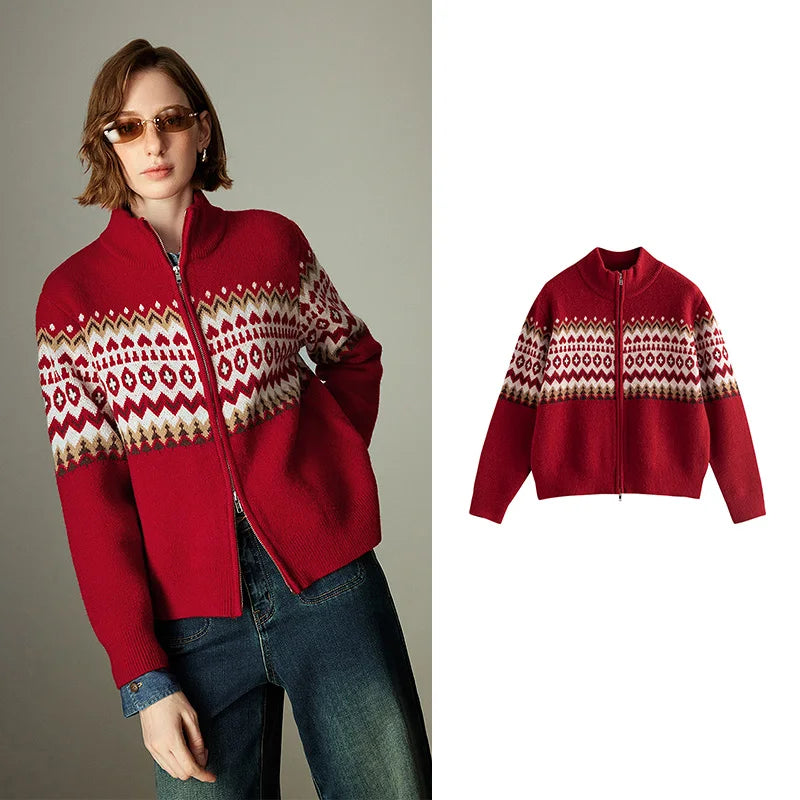 Fair Isle Zip Stand Collar Sweater