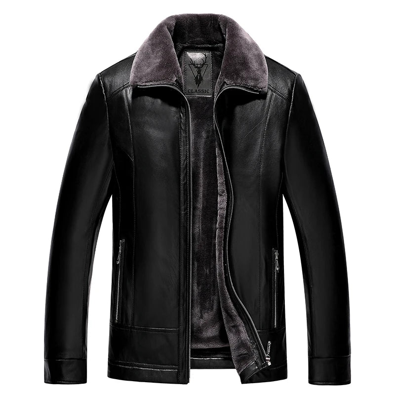 Fleece-Lined PU Leather Biker Jacket