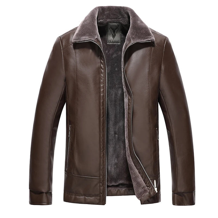 Fleece-Lined PU Leather Biker Jacket