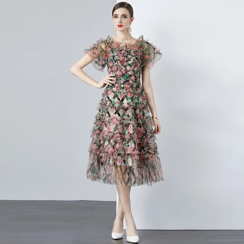 Floral Appliqué Ruffle Tulle Dress