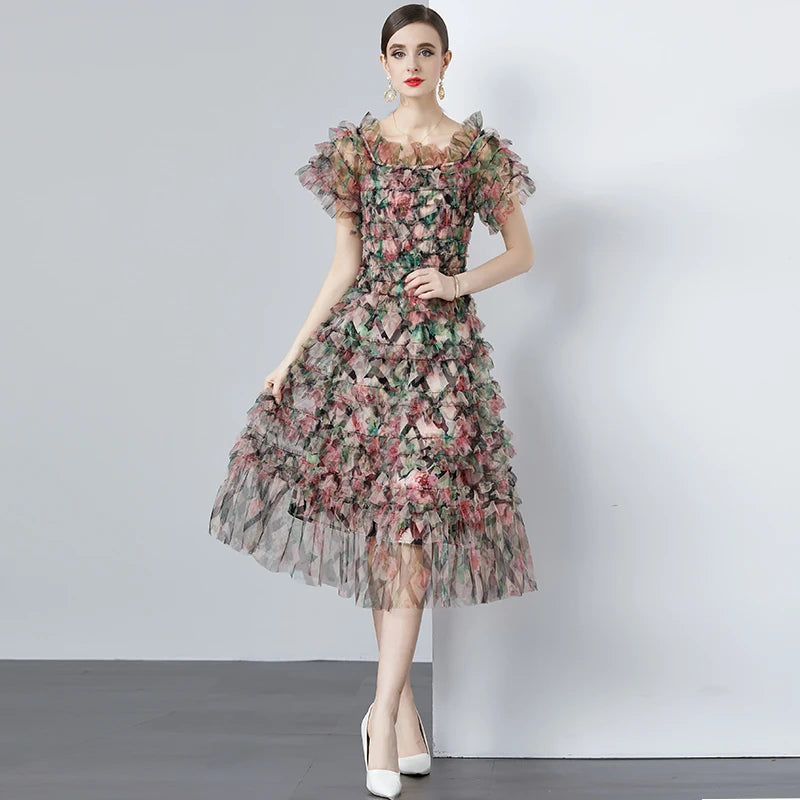 Floral Appliqué Ruffle Tulle Dress