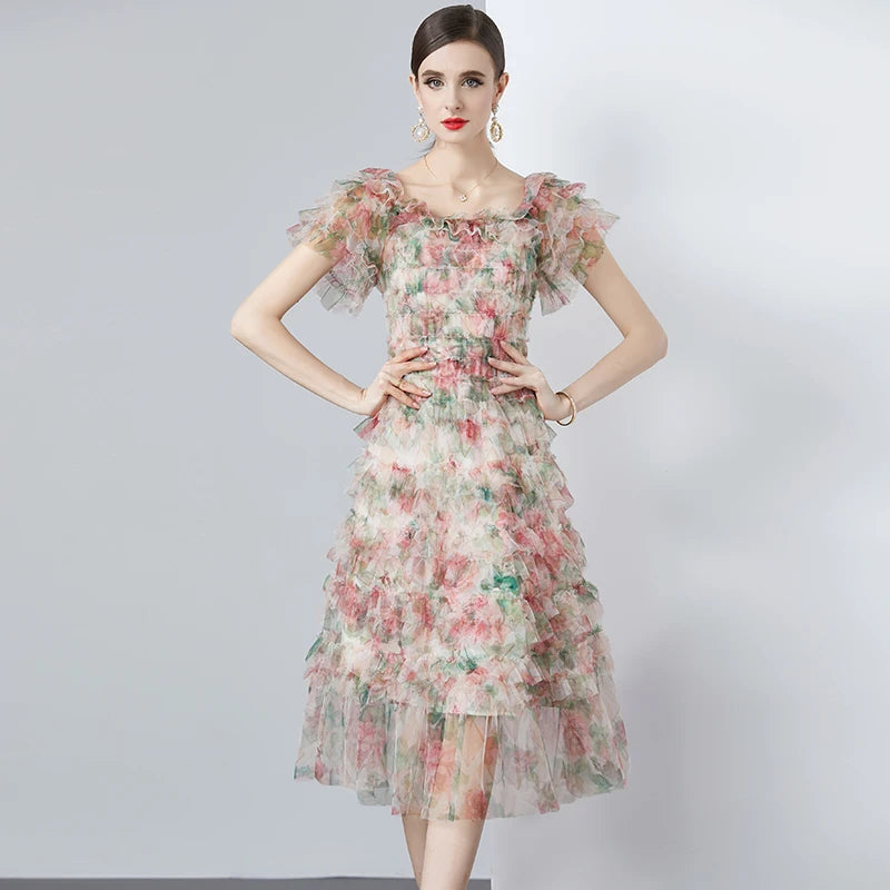 Floral Appliqué Ruffle Tulle Dress