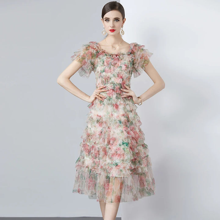 Floral Appliqué Ruffle Tulle Dress