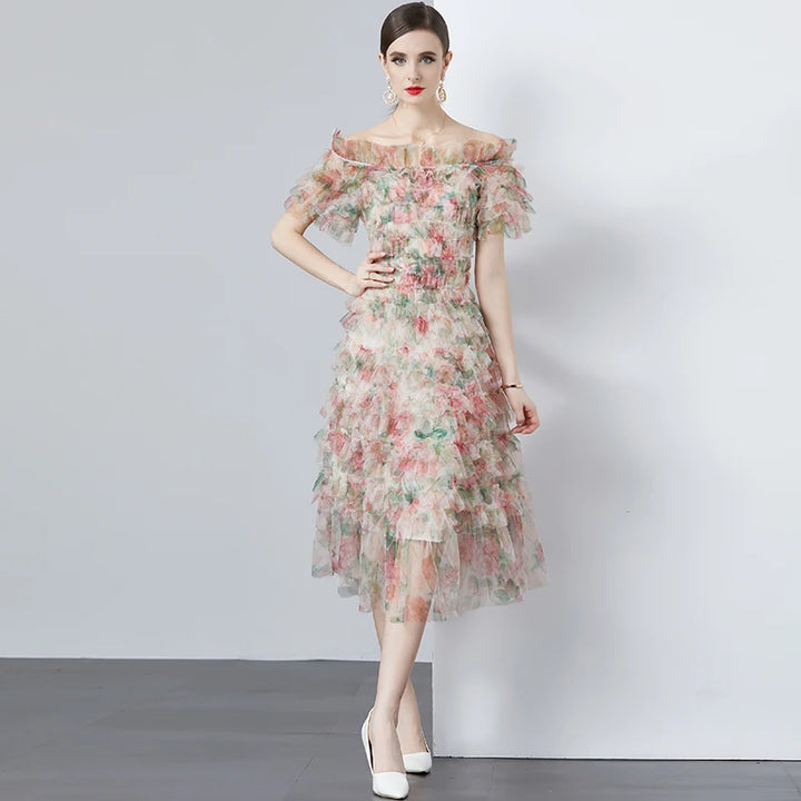 Floral Appliqué Ruffle Tulle Dress