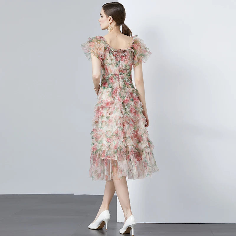 Floral Appliqué Ruffle Tulle Dress