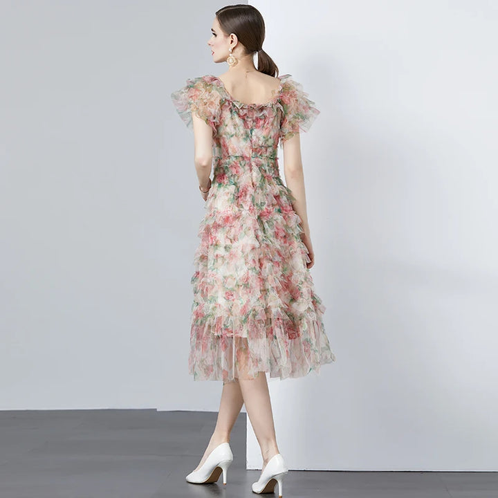 Floral Appliqué Ruffle Tulle Dress