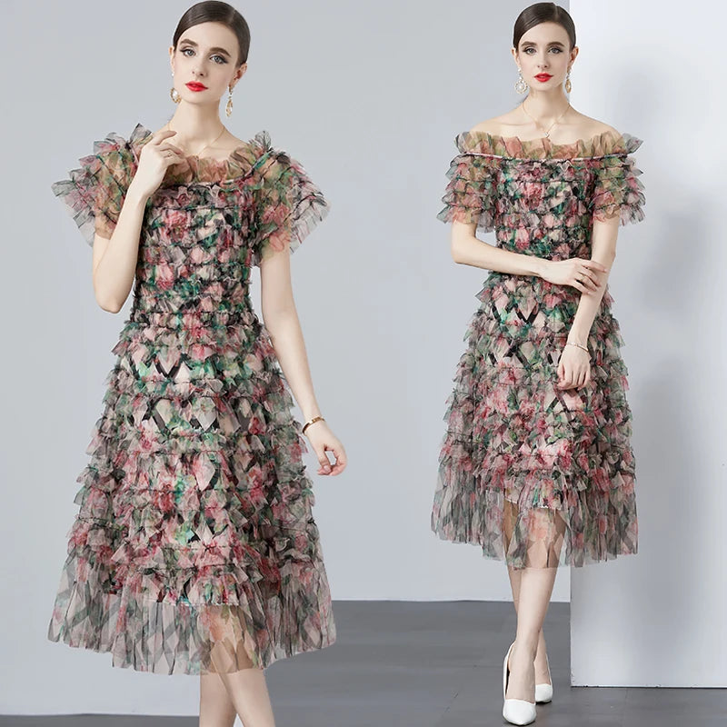 Floral Appliqué Ruffle Tulle Dress