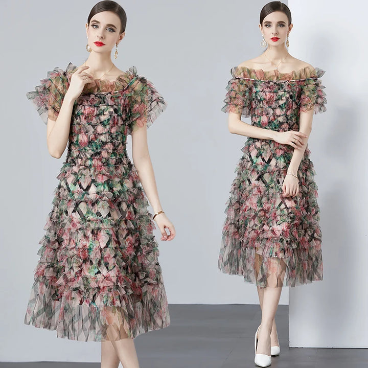 Floral Appliqué Ruffle Tulle Dress