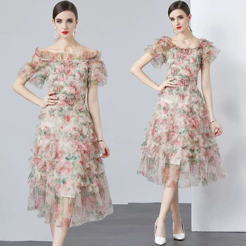 Floral Appliqué Ruffle Tulle Dress